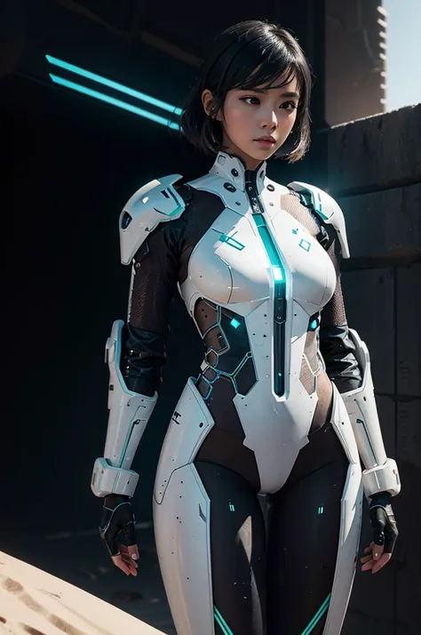 a girl in the desert with a transparent futuristic suit, high technology, futuristic, cyberpunk, android, technology, perfect, b...