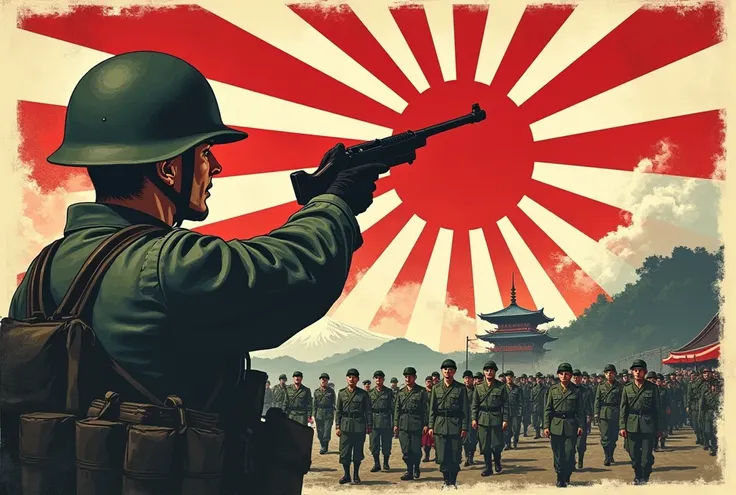 a Japanese military propaganda poster, calling on the population to recruit for war. ww2 style