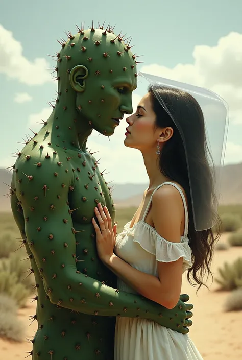 a couple, the man with a cactus character and the woman protected so that the man cannot hurt her 