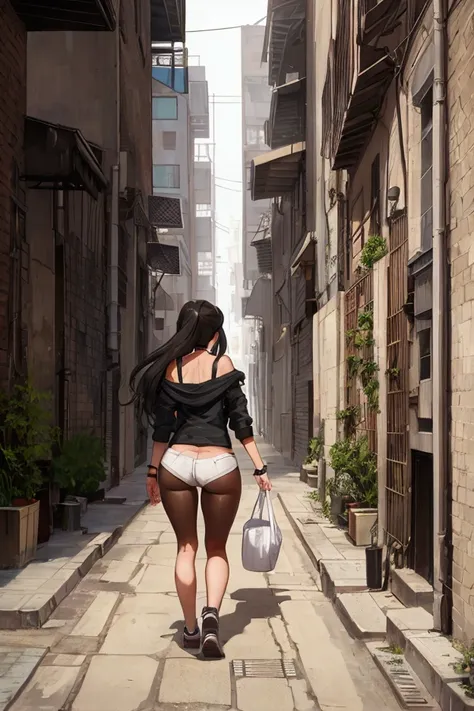 teenage girl walking away, big ass, big breasts, background, narrow passage, buildings on the sides, small trees on the sides, d...