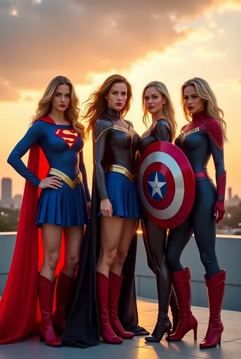 3women, Super woman, Bat woman, Spider Gwen, Iron woman, female Captain american,hyper realistic, high-resolution group image featuring the female versions of iconic superheroes standing together in a powerful, united pose. all incorporating skirts. 1(Supe...