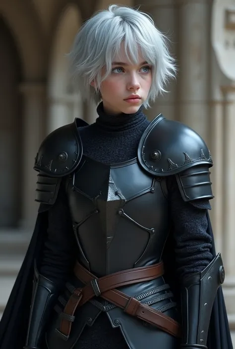 A targaryen teenager with 15 years with silver short hair and violet eyes trails with black simple armor. full body