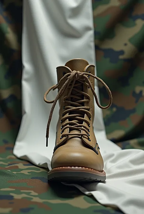 Army long boot on white flag and camouflage pattern at background 