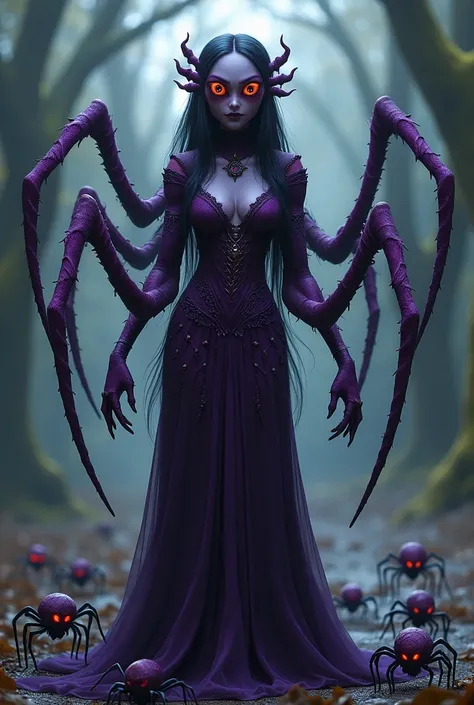 A spider woman with four arms, several cartoon-style eyes and fangs with dark purple skin tones and elegant clothing, several spiders around him 