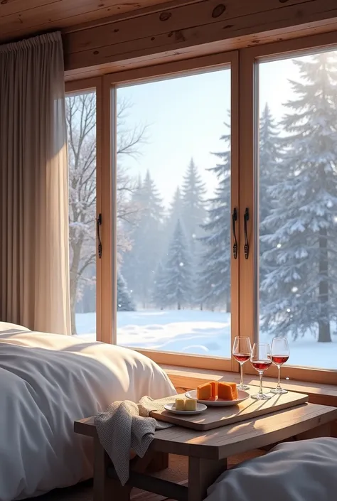 Create a room where it snows outside, there are glasses of wine and cheese on the table. The sheets are white and the walls are made of wood.