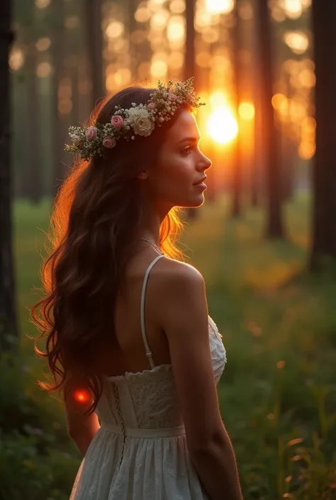 Beautiful mystical woman with brown hair, in a beautiful forest enjoying the sunset  