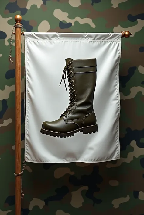 Army long boot printed on a white flag with holding stick and camouflage pattern at background 