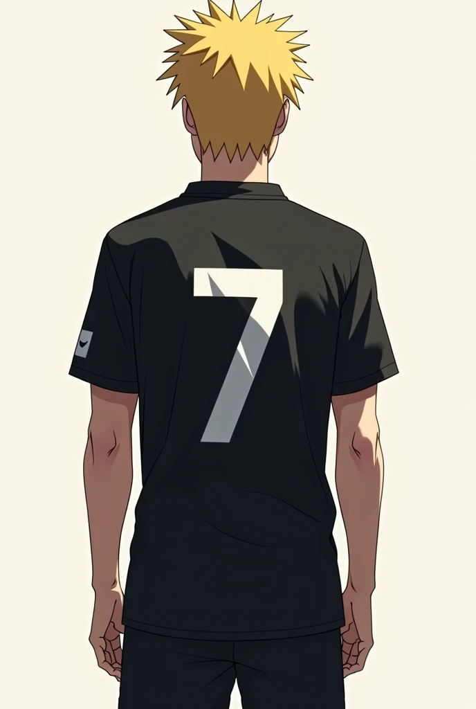 Generates an image of Naruto Uzumaki from behind wearing a totally black soccer jersey with the 7 on the back and without the ninja band 