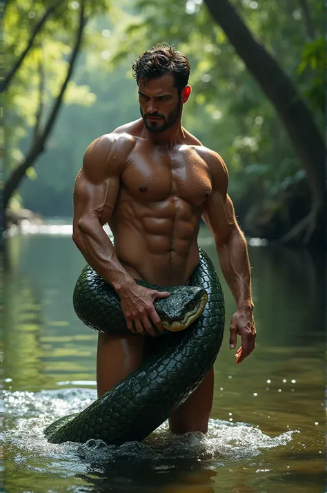 Henry Cavill in his underwear in a river holding an angry anaconda