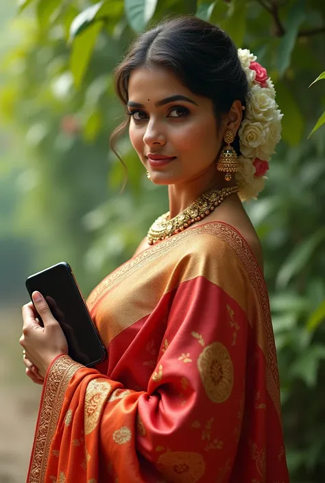 Indian  women  saree , mobile phone inside
 cleavage 
