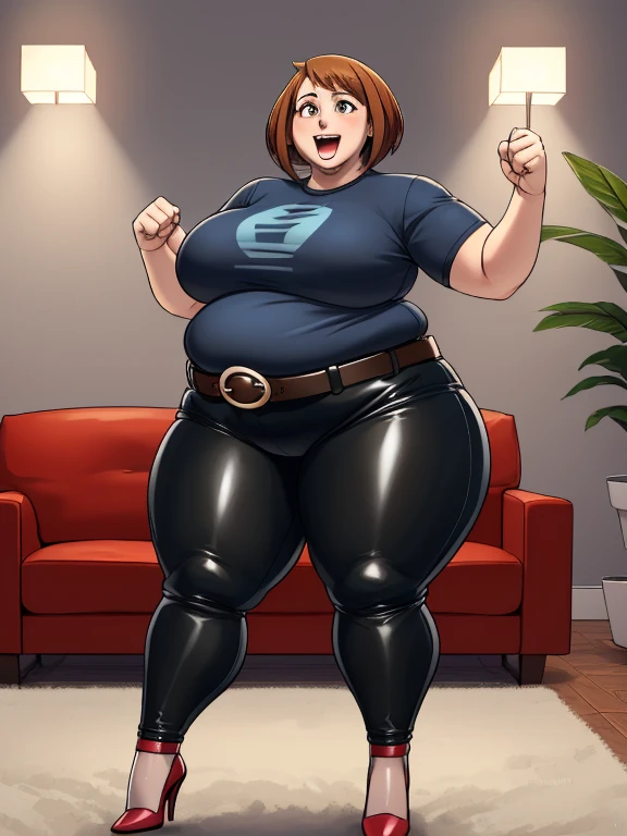 high quality, best quality, beautiful, perfect lighting, detailed face, mature face, ((1girl)), ((solo)), Imagine Ochaco Uraraka as an adult, 45 years old, motherly, mom, MILF, plus sized milf, short brown hair, brown eyes, excited, cheering on, open mouth...