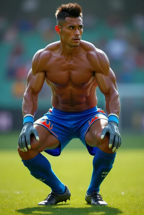 Shirtless Thai soccer player wearing blue soccer shorts with flames and knee high soccer socks and  gloves squatting 