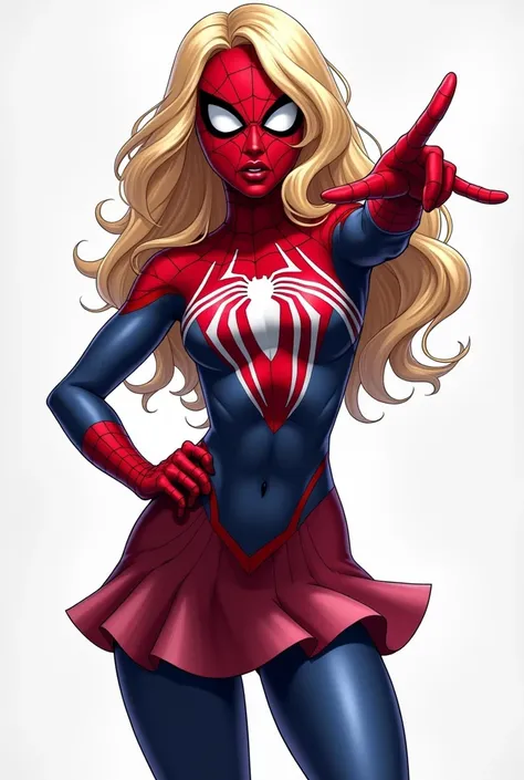 Spider Gwen or Spider-Woman wears a sleek red and blue bodysuit with a web pattern, a matching red and blue skirt, and a spider logo on her chest. She stands in an agile, ready-to-leap pose, one hand extended as if ready to shoot webs