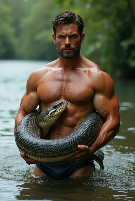 Henry Cavill in his underwear in a river holding a hard anaconda