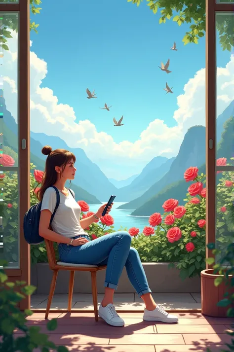 a woman, wearing casual clothes, wearing jeans, wearing white shoes, sitting on a cafe chair, surrounded by glass doors. with a very beautiful view. with a very blue sky, with several birds flying. and a very beautiful rose garden. visible from the glass d...