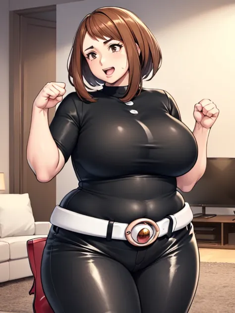 high quality, best quality, beautiful, perfect lighting, detailed face, mature face, ((1girl)), ((solo)), Imagine Ochaco Uraraka as an adult, 45 years old, motherly, mom, MILF, plus sized milf, short brown hair, brown eyes, excited, cheering on, open mouth...