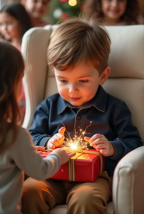 

image of a boy with light brown hair, light brown eyes, wearing a dark blue shirt, with light brown pants, sitting in a white armchair, opening a gift, surrounded by several children
