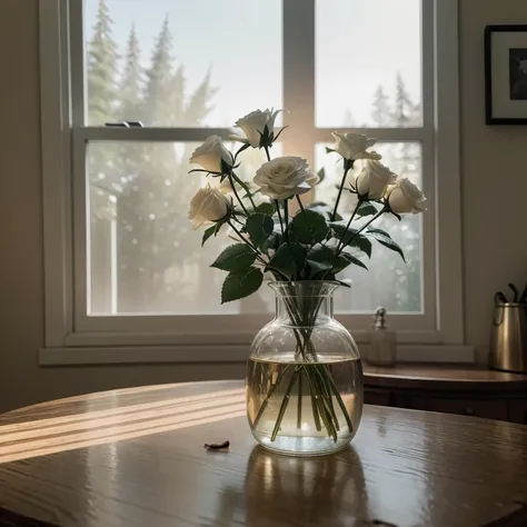 Consider an elegant collection of roses in a sparkling glass vase placed atop an antique wooden counter., inside a cozy house with the morning light illuminating the petals, the glass vase reflecting a spectrum of colors, the soft dew on the petals shining...