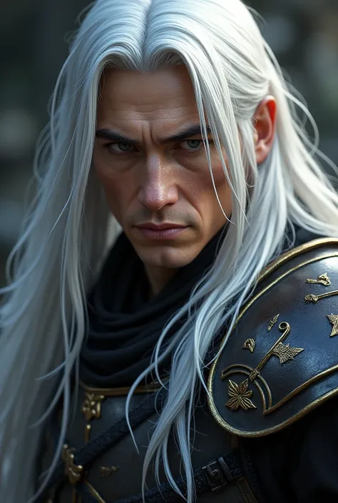 close-up of the face of a man with long white hair, strong chin face, veteran man, warrior, cape with armor and shoulder pads, sephiroth final fantasy.