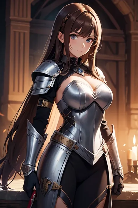 young woman, dressed in armor knight costume, with necklines, equipped with a sword in the waist sheath, corpo sexy, brownhair, eyes browns, warrior shield equipped on back. She is posing attractively. Medieval backdrop.