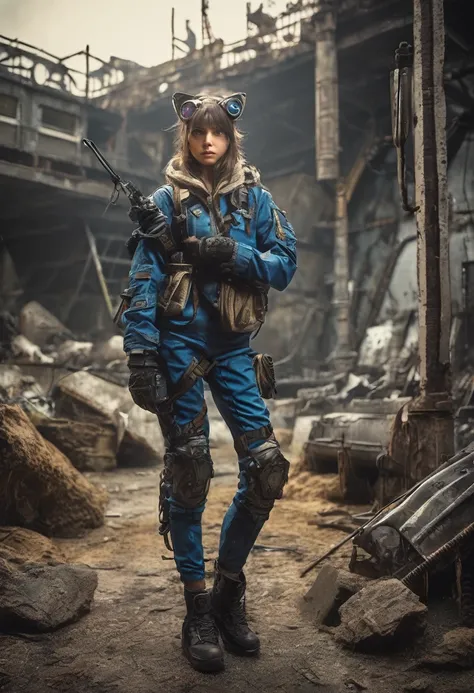 European girl wearing (vaultsuit with pipboy3000 on wrist) standing in a rundown rusty post apocalyptic steel bunker, holding a weapon in her right hand, giant fallout monster in background, professionally color graded, professional photography, well drawn...