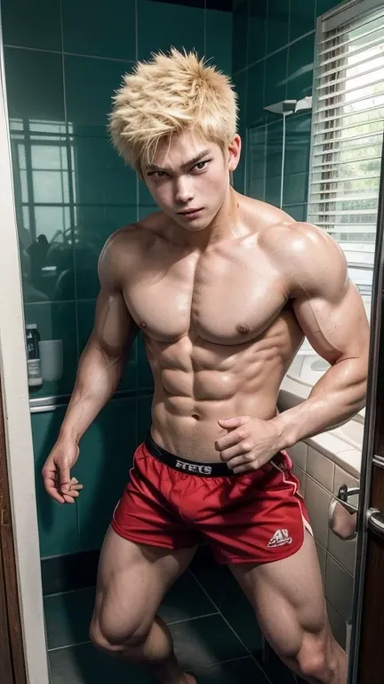 Japanese men、14 years old、Well-developed muscles and smooth skin、Spiky light blonde hair、fearless smile、Red Tank Top、Boxer briefs、The whole body is visible from toes to head、Fist pump in the bathroom、