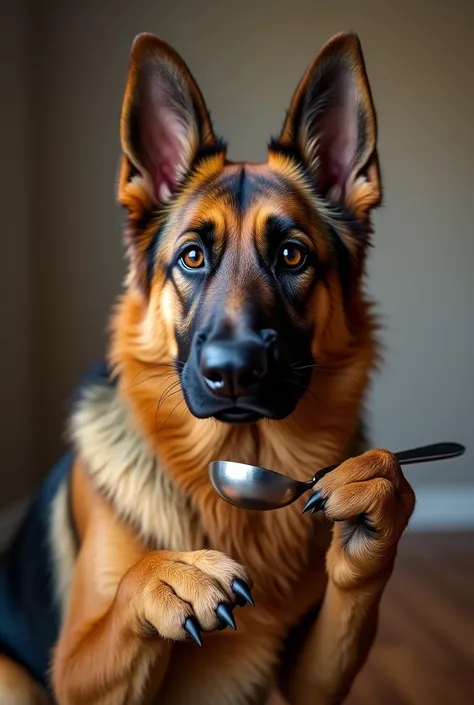 German Shepherd holding a spoon
