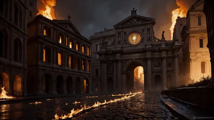 old rome, midnight, dramatic,in the dark, dark, burning cathedral in the distance, create a high-resolution digital painting of ...