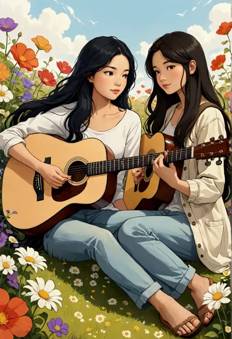 Create a Sarah Kay style image of two women in love, one is a beautiful young Asian woman with long black hair, dressed casually, who is sitting among flowers playing an acoustic guitar and next to her is a young British woman, white, with light brown hair...