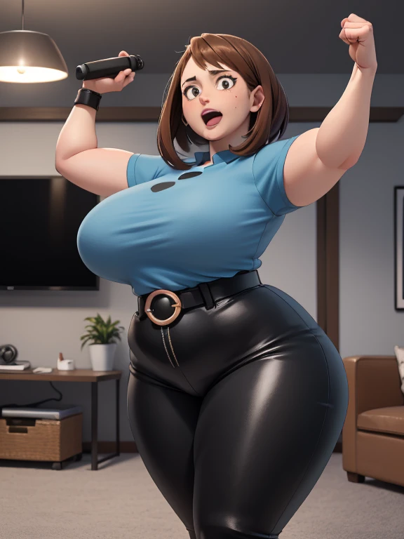 high quality, best quality, beautiful, perfect lighting, detailed face, mature face, ((1girl)), ((solo)), Imagine Ochaco Uraraka as an adult, 45 years old, mature face, round chubby face, slight wrinkles around the face, motherly, mom, MILF, plus sized mil...