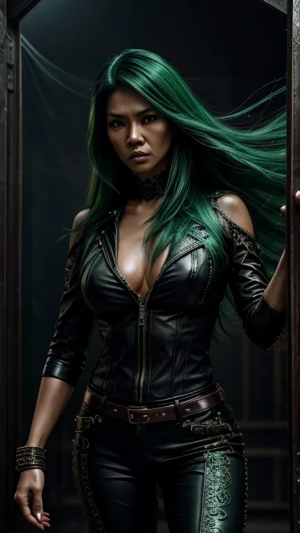 8K , Indonesian woman with tall body and long legs and muscular build, 38 years old , Woman wearing leather rock n roll clothes with lace, Dramatic images , Beautiful , Extremely detailed , Angry face , ((Hair blowing:1.3 )) , green hair, pose comes out of...