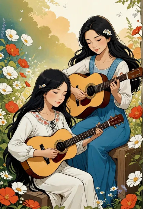 Create a Sarah Kay style image of two women in love, one is a beautiful young Asian woman with long black hair, dressed casually, who is sitting among flowers playing an acoustic guitar and next to her is a young British woman, white, with light brown hair...