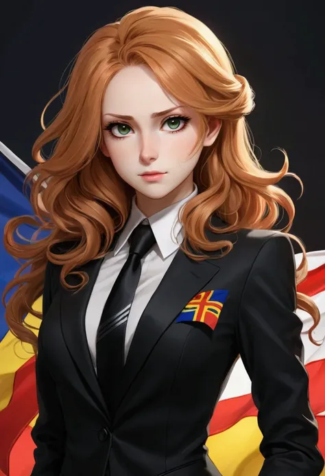 Adagio dazzle as România hetalia female with black suit and black necktie roumanian flag