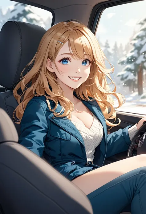 detailed illustration, dynamic angle, ultra-detailed, illustration, 1girl, long wavy blonde hair, long hair, bright blue eyes, hair clip, cleavage, medium breasts, winter, in a car, smiling, sitting in the car, passengers seat, feet up, happy