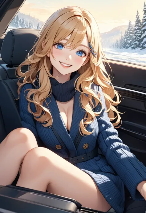 detailed illustration, dynamic angle, ultra-detailed, illustration, 1girl, long wavy blonde hair, long hair, bright blue eyes, hair clip, cleavage, medium breasts, winter, in a car, smiling, sitting in the car, passengers seat, feet up, happy