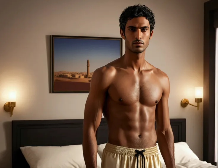 /photorealistic, platinum blonde hair, short hair, wavy hair, dark golden brown skin, long black stubble, attractive male with a serious expression, red eyes, shirtless, black pajamas, waist shot, inside bedroom, Arabic Egyptian, (skinny and thin figure:1....