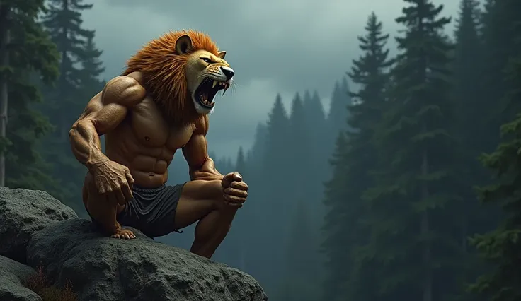 A captivating and unique 3D render illustration of a fearless hybrid creature. This man has the muscular body, complete with a chiseled six-pack, the  and the head of an angry roaring lion, with lion-like hands. Sitting confidently on an Mountain Rock it s...