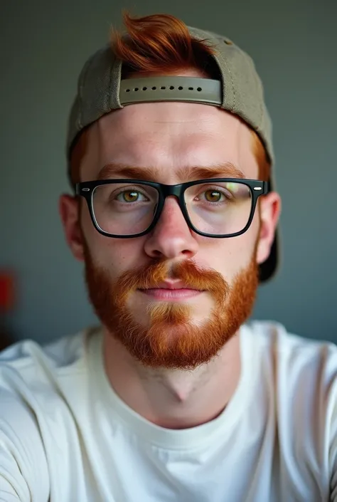 An image of a very handsome redhead 32 year old guy with a beard and mustache. backward cap. Brown eyes with seeing glasses. white t-shirt. He is on video call, seen from a cell phone screen .