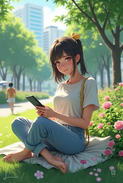 An 18-year-old woman relaxing in Shin-Okubo Park。In the bright sunlight、Dressed in casual fashion、Have a natural smile。Surrounded by greenery and flowers々is in full bloom、A peaceful park。Next to her was a smartphone、She has a light-hearted atmosphere, but ...