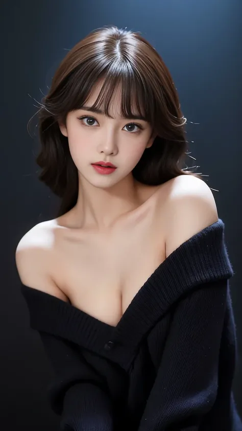 Masterpiece, Best Quality, High Definition Photorealistic, Glossy skin, Bangs, big boob, open mouse, Exposed cleavage, tall body, blue Eyes,, ((Dark background)), looking at viewer, off shoulder, black sweater,