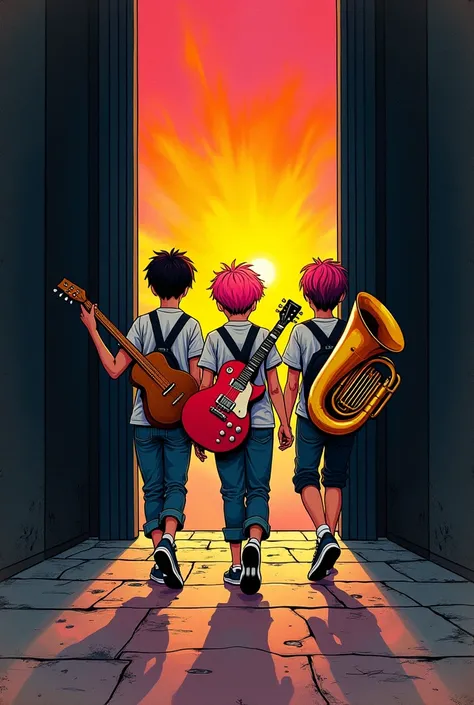 Make a music album cover, where 3 boys come out from behind, One who brings a wooden-colored guitar, another that has pink hair and brings a red guitar and another that I have a tuba, Let them walk out and let them illuminate like a sunrise and everything ...