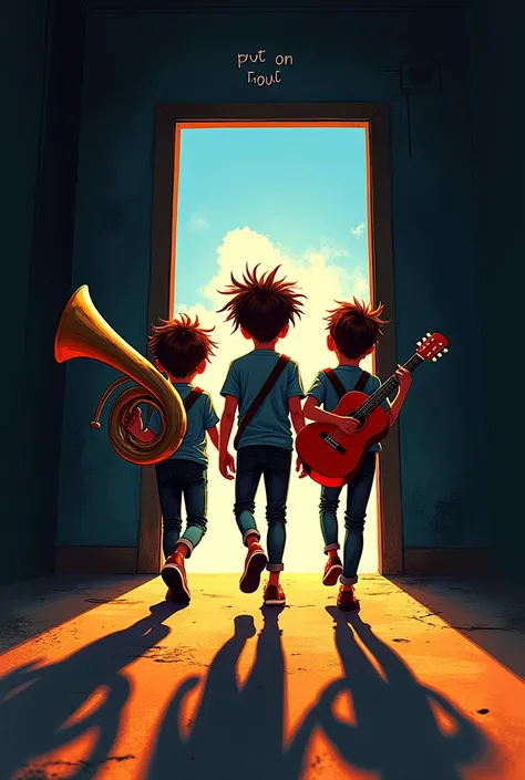 Make a music album cover, where 3 boys come out from behind, One who brings a wooden-colored guitar, another who has funny hair and brings a red guitar and another who has a tuba, Let them walk out and let them illuminate like a sunrise and everything else...