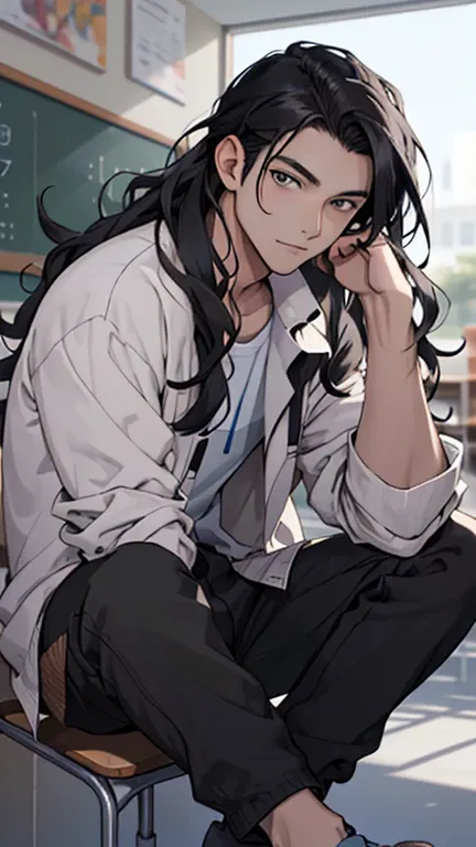 (work of art), best qualityer, high qualiy, 1 young boy, rosto bonitas, bonitas, black hair, long hair, Wavy hair, grey-eyed, sitting down, school background, looking straight, 18 year old boy, imaginative world, casual clothes, portraite