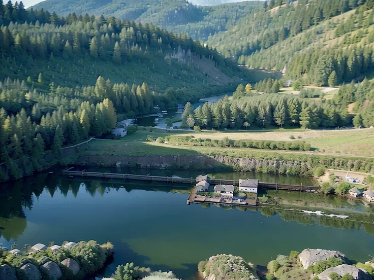 Morning. Nature. Sunny. Lake. Trees. Village .Forest. Professional photo, 4k, hyperrealism, f/16, 1/100s, high definition, depth of field, hyper detail. Beautiful. In the distance there is a wooden mill,