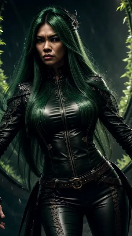 8K , Indonesian woman with tall body and long legs and muscular build, 38 years old , Woman wearing leather rock n roll clothes with lace, Dramatic images , Beautiful , Extremely detailed , Angry face , ((Hair blowing:1.3 )) , green hair, pose comes out of...