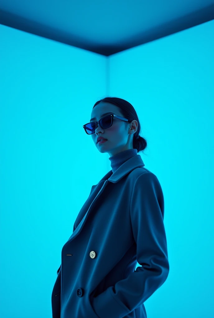 The best cell phone wallpaper for beautiful girl, Award-Winning Wallpaper, portrait photography,  Fluorescent blue tone, Wearing a very modern coat and sunglasses is a modern 1960s style, Clothes all in one color, beautiful background heaven god