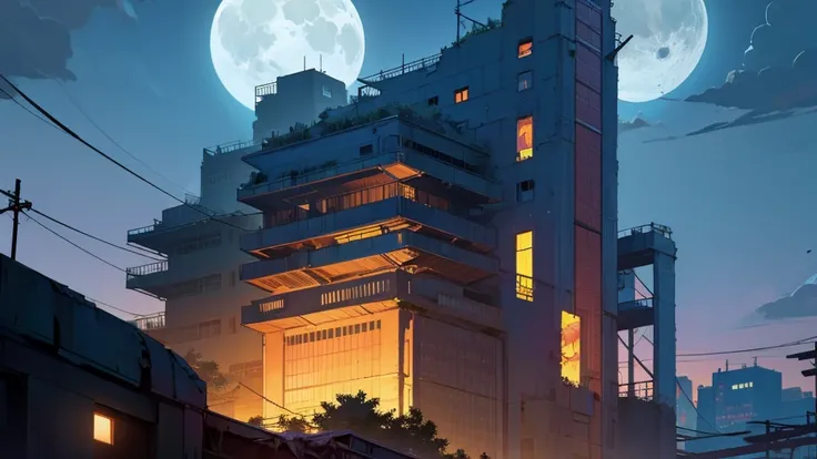 make the top of a building at night. in an abandoned city taken over by plants. the sky is clear and the moon is full.