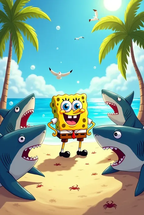 SpongeBob bossing sharks on a beach 