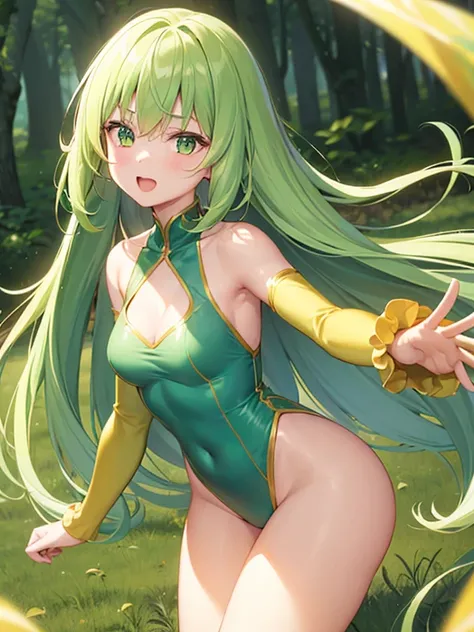 1girl, fun loving female fairy, 1thumb and 4 fingers on each and, 1hand on each arm, 1arm on each shoulder, 1foot on each leg, green long hair, green shiny no-crossed eyes, green and yellow leotard, green and yellow sleeve on each arm, green and yellow leg...