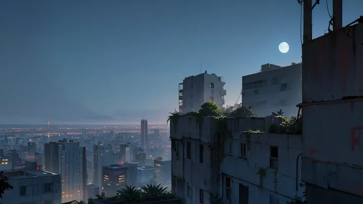 make the top of a building at night. in an abandoned city taken over by plants. the sky is clear and the moon is full.